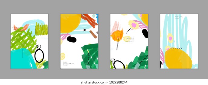 Abstract universal art web header template. Collage made with scribbles, marker, canyon strokes, black geometric shapes, ink drawn splashes. Bright colored isolated on white background cover template.