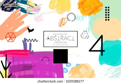 Abstract universal art web header template. Collage made with scribbles, marker, canyon strokes, black geometric shapes, ink drawn splashes. Bright colored isolated on white background cover template.