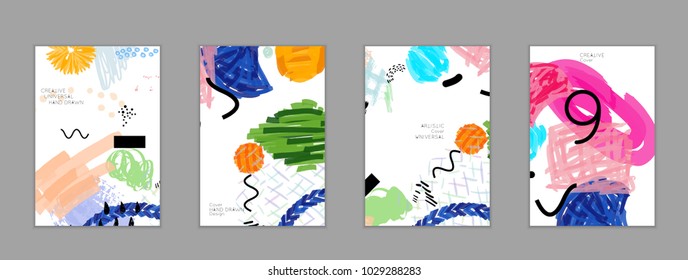 Abstract universal art web header template. Collage made with scribbles, marker, canyon strokes, black geometric shapes, ink drawn splashes. Bright colored isolated on white background cover template.