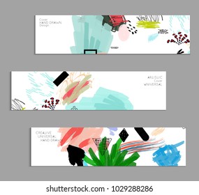 Abstract universal art web header template. Collage made with scribbles, marker, canyon strokes, black geometric shapes, ink drawn splashes. Bright colored isolated on white background cover template.