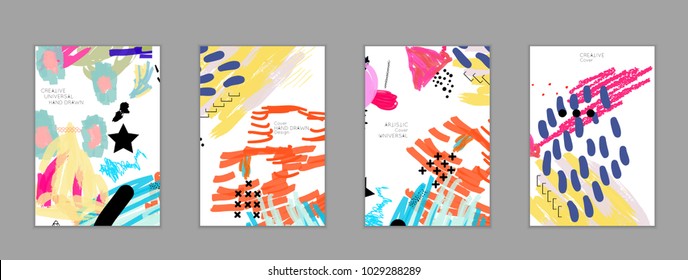 Abstract universal art web header template. Collage made with scribbles, marker, canyon strokes, black geometric shapes, ink drawn splashes. Bright colored isolated on white background cover template.