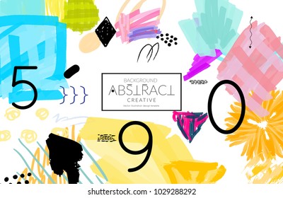Abstract universal art web header template. Collage made with scribbles, marker, canyon strokes, black geometric shapes, ink drawn splashes. Bright colored isolated on white background cover template.