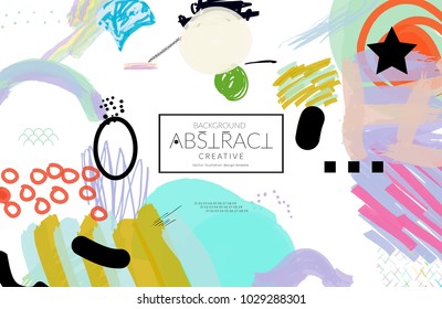 Abstract universal art web header template. Collage made with scribbles, marker, canyon strokes, black geometric shapes, ink drawn splashes. Bright colored isolated on white background cover template.