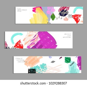 Abstract universal art web header template. Collage made with scribbles, marker, canyon strokes, black geometric shapes, ink drawn splashes. Bright colored isolated on white background cover template.