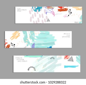 Abstract universal art web header template. Collage made with scribbles, marker, canyon strokes, black geometric shapes, ink drawn splashes. Bright colored isolated on white background cover template.