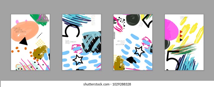 Abstract universal art web header template. Collage made with scribbles, marker, canyon strokes, black geometric shapes, ink drawn splashes. Bright colored isolated on white background cover template.