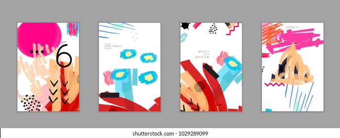 Abstract universal art web header template. Collage made with scribbles, marker, canyon strokes, black geometric shapes, ink drawn splashes. Bright colored isolated on white background cover template.