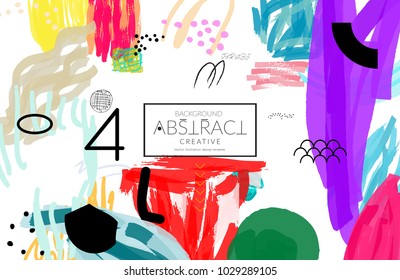 Abstract universal art web header template. Collage made with scribbles, marker, canyon strokes, black geometric shapes, ink drawn splashes. Bright colored isolated on white background cover template.