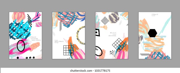 Abstract universal art web header template. Collage made with scribbles, marker, canyon strokes, black geometric shapes, ink drawn splashes. Bright colored isolated on white background cover template.
