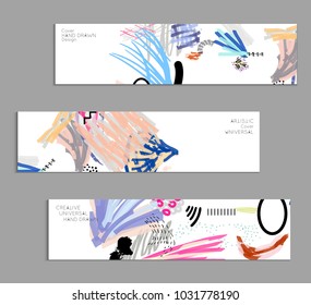 Abstract universal art web header template. Collage made with scribbles, marker, canyon strokes, black geometric shapes, ink drawn splashes. Bright colored isolated on white background cover template.