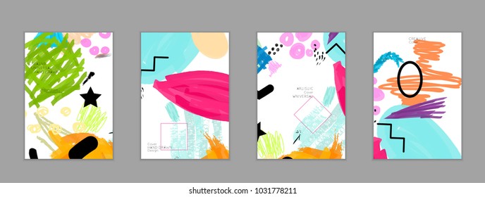 Abstract universal art web header template. Collage made with scribbles, marker, canyon strokes, black geometric shapes, ink drawn splashes. Bright colored isolated on white background cover template.