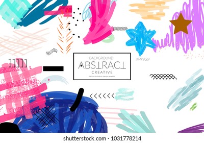 Abstract universal art web header template. Collage made with scribbles, marker, canyon strokes, black geometric shapes, ink drawn splashes. Bright colored isolated on white background cover template.