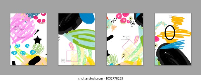 Abstract universal art web header template. Collage made with scribbles, marker, canyon strokes, black geometric shapes, ink drawn splashes. Bright colored isolated on white background cover template.