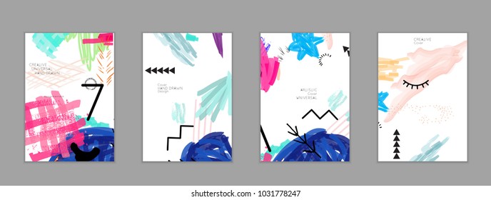 Abstract universal art web header template. Collage made with scribbles, marker, canyon strokes, black geometric shapes, ink drawn splashes. Bright colored isolated on white background cover template.