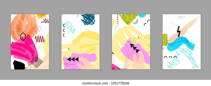 Abstract universal art web header template. Collage made with scribbles, marker, canyon strokes, black geometric shapes, ink drawn splashes. Bright colored isolated on white background cover template.