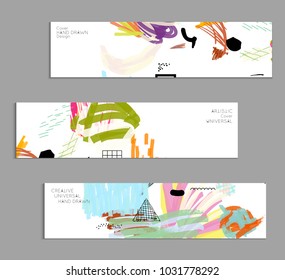 Abstract universal art web header template. Collage made with scribbles, marker, canyon strokes, black geometric shapes, ink drawn splashes. Bright colored isolated on white background cover template.