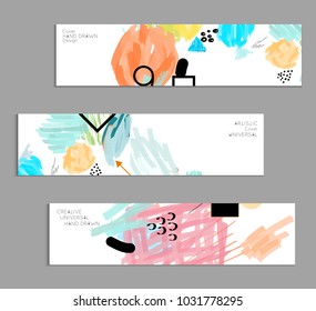Abstract universal art web header template. Collage made with scribbles, marker, canyon strokes, black geometric shapes, ink drawn splashes. Bright colored isolated on white background cover template.
