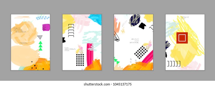 Abstract universal art web header template. Collage made with scribbles, marker, canyon strokes, black geometric shapes, ink drawn splashes. Bright colored isolated on white background cover template.
