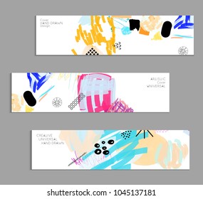 Abstract universal art web header template. Collage made with scribbles, marker, canyon strokes, black geometric shapes, ink drawn splashes. Bright colored isolated on white background cover template.