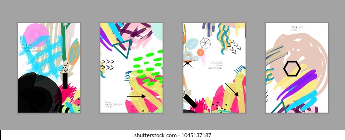 Abstract universal art web header template. Collage made with scribbles, marker, canyon strokes, black geometric shapes, ink drawn splashes. Bright colored isolated on white background cover template.