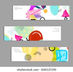 Abstract universal art web header template. Collage made with scribbles, marker, canyon strokes, black geometric shapes, ink drawn splashes. Bright colored isolated on white background cover template.