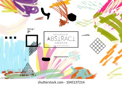 Abstract universal art web header template. Collage made with scribbles, marker, canyon strokes, black geometric shapes, ink drawn splashes. Bright colored isolated on white background cover template.