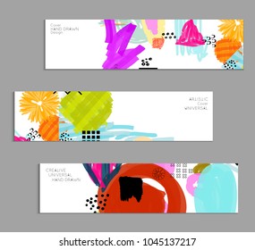 Abstract universal art web header template. Collage made with scribbles, marker, canyon strokes, black geometric shapes, ink drawn splashes. Bright colored isolated on white background cover template.