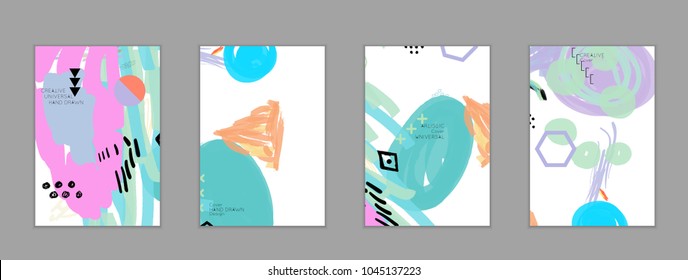 Abstract universal art web header template. Collage made with scribbles, marker, canyon strokes, black geometric shapes, ink drawn splashes. Bright colored isolated on white background cover template.