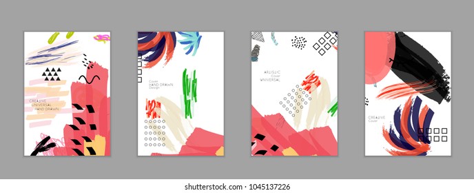 Abstract universal art web header template. Collage made with scribbles, marker, canyon strokes, black geometric shapes, ink drawn splashes. Bright colored isolated on white background cover template.