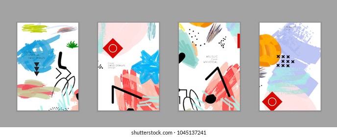 Abstract universal art web header template. Collage made with scribbles, marker, canyon strokes, black geometric shapes, ink drawn splashes. Bright colored isolated on white background cover template.