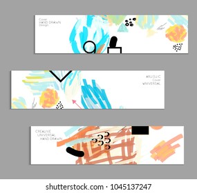 Abstract universal art web header template. Collage made with scribbles, marker, canyon strokes, black geometric shapes, ink drawn splashes. Bright colored isolated on white background cover template.
