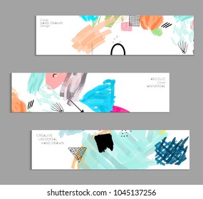 Abstract universal art web header template. Collage made with scribbles, marker, canyon strokes, black geometric shapes, ink drawn splashes. Bright colored isolated on white background cover template.