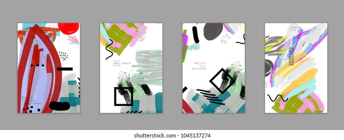 Abstract universal art web header template. Collage made with scribbles, marker, canyon strokes, black geometric shapes, ink drawn splashes. Bright colored isolated on white background cover template.