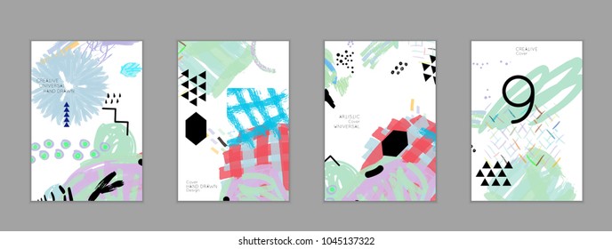 Abstract universal art web header template. Collage made with scribbles, marker, canyon strokes, black geometric shapes, ink drawn splashes. Bright colored isolated on white background cover template.
