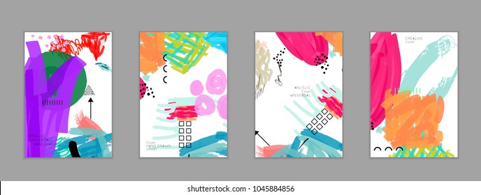 Abstract universal art web header template. Collage made with scribbles, marker, canyon strokes, black geometric shapes, ink drawn splashes. Bright colored isolated on white background cover template.