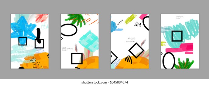 Abstract universal art web header template. Collage made with scribbles, marker, canyon strokes, black geometric shapes, ink drawn splashes. Bright colored isolated on white background cover template.