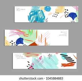 Abstract universal art web header template. Collage made with scribbles, marker, canyon strokes, black geometric shapes, ink drawn splashes. Bright colored isolated on white background cover template.