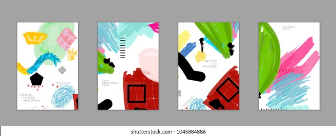 Abstract universal art web header template. Collage made with scribbles, marker, canyon strokes, black geometric shapes, ink drawn splashes. Bright colored isolated on white background cover template.