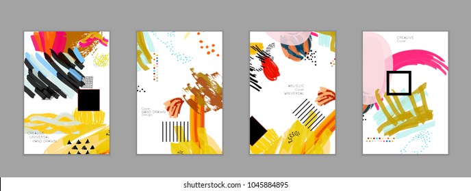 Abstract universal art web header template. Collage made with scribbles, marker, canyon strokes, black geometric shapes, ink drawn splashes. Bright colored isolated on white background cover template.