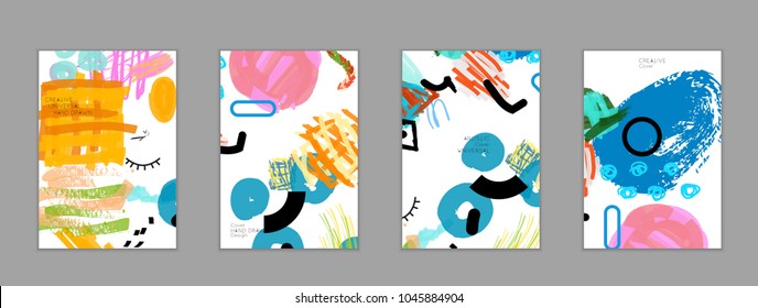 Abstract universal art web header template. Collage made with scribbles, marker, canyon strokes, black geometric shapes, ink drawn splashes. Bright colored isolated on white background cover template.
