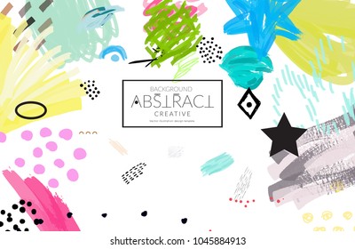 Abstract universal art web header template. Collage made with scribbles, marker, canyon strokes, black geometric shapes, ink drawn splashes. Bright colored isolated on white background cover template.