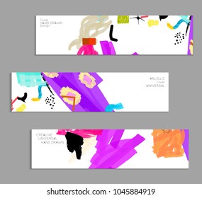 Abstract universal art web header template. Collage made with scribbles, marker, canyon strokes, black geometric shapes, ink drawn splashes. Bright colored isolated on white background cover template.
