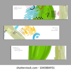 Abstract universal art web header template. Collage made with scribbles, marker, canyon strokes, black geometric shapes, ink drawn splashes. Bright colored isolated on white background cover template.