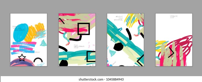 Abstract universal art web header template. Collage made with scribbles, marker, canyon strokes, black geometric shapes, ink drawn splashes. Bright colored isolated on white background cover template.