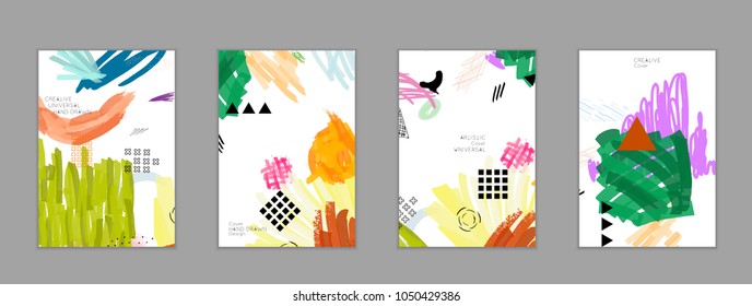 Abstract universal art web header template. Collage made with scribbles, marker, canyon strokes, black geometric shapes, ink drawn splashes. Bright colored isolated on white background cover template.
