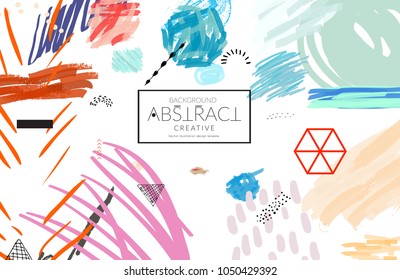 Abstract universal art web header template. Collage made with scribbles, marker, canyon strokes, black geometric shapes, ink drawn splashes. Bright colored isolated on white background cover template.