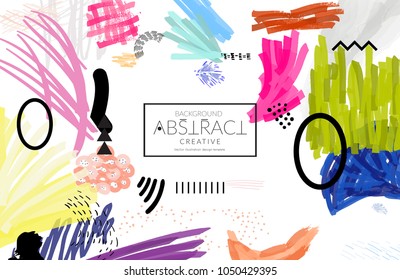 Abstract universal art web header template. Collage made with scribbles, marker, canyon strokes, black geometric shapes, ink drawn splashes. Bright colored isolated on white background cover template.