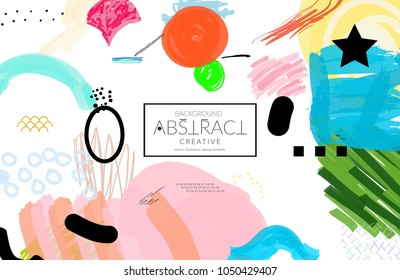 Abstract universal art web header template. Collage made with scribbles, marker, canyon strokes, black geometric shapes, ink drawn splashes. Bright colored isolated on white background cover template.