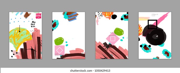 Abstract universal art web header template. Collage made with scribbles, marker, canyon strokes, black geometric shapes, ink drawn splashes. Bright colored isolated on white background cover template.