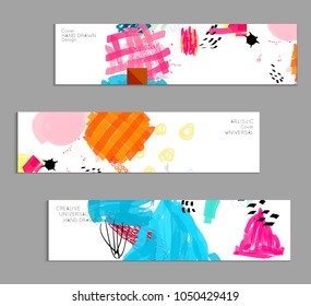 Abstract universal art web header template. Collage made with scribbles, marker, canyon strokes, black geometric shapes, ink drawn splashes. Bright colored isolated on white background cover template.